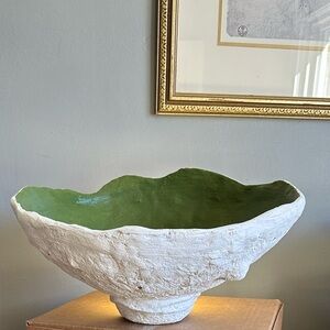 Handmade White Sculptural Bowl with Green Interior